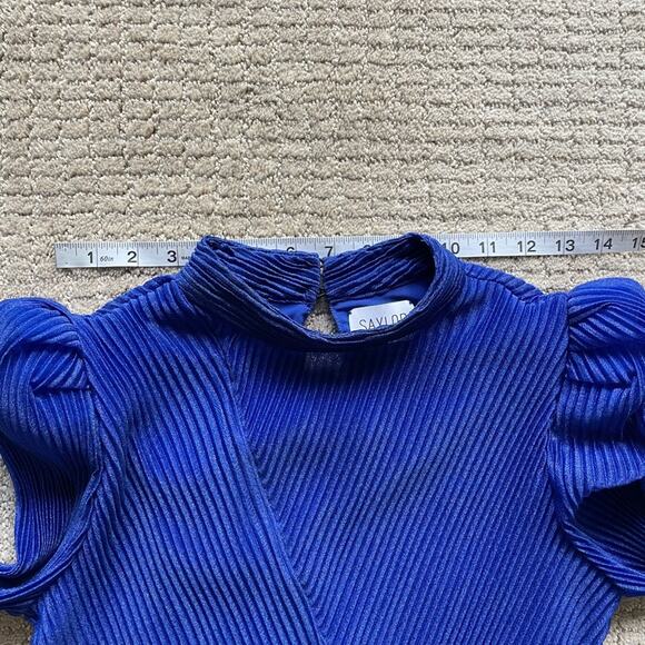 Saylor Margie Metallic Blue Plisse Long Sleeve Mini Dress Size XS - Picture 9 of 11
